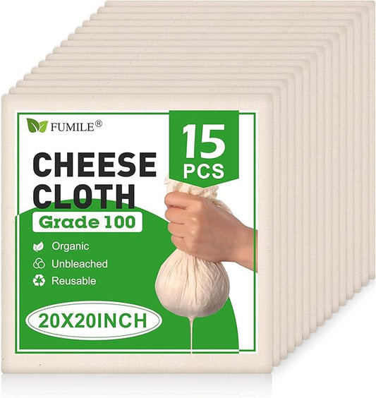 15 PCS Cheese Cloths for Straining, 20x20 Inch, Organic Cotton Cheese Cloths Unbleached, Cheesecloth Reusable With Hemmed Edge for Straining Liquid, Cheese Making,Juicing,Baking and Cooking.