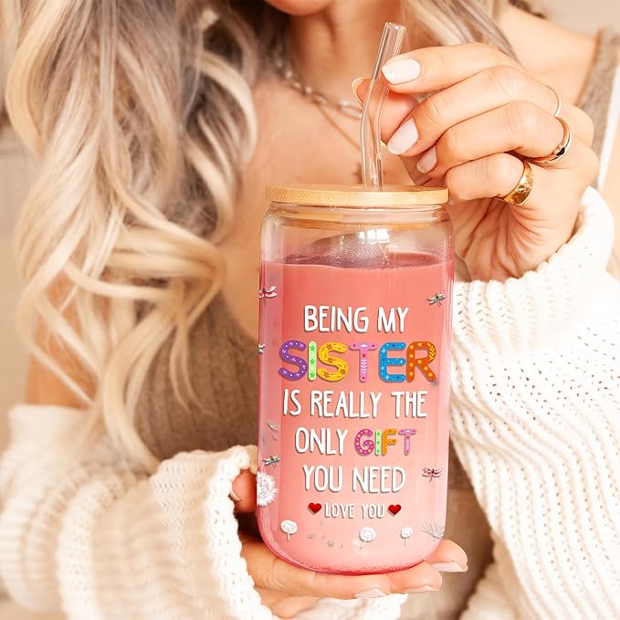 Gifts for Sister 16 Oz Glass Cups with Lids and Straws Funny Sis Iced Coffee Cup Birthday Mother's Day Christmas Gift from Brother Sisters for Friends Sibling Soulmate Bestie Women BFF