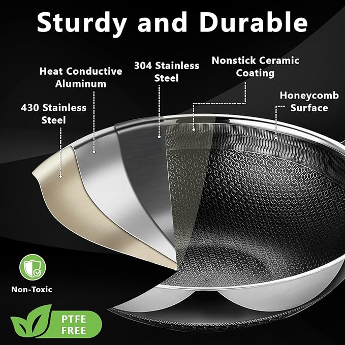 SAKAMOSH Hybrid 12 Inch Wok Pan with Lid, 5QT Stainless Steel Deep Woks & Stir-fry Pans with Flat Bottom, Stay-Cool Handle, Induction & Dishwasher & Oven Safe, Non Toxic, PFOA Free Skillet Cookware
