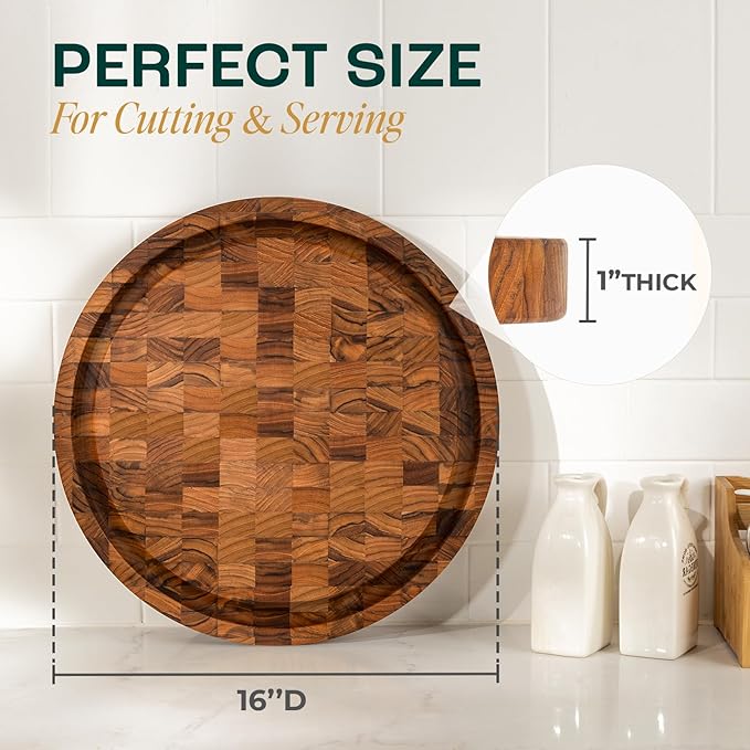 Yes4All Round Teak Cutting Boards for Kitchen, [16"D x 1"Thick] End Grain Cutting Board, Teak Wood Serving Board, Food Safe Surface for Slicing and Serving, Wood Charcuterie Board with Build In Handle