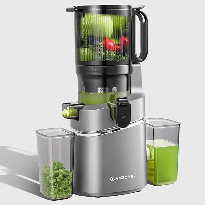AMZCHEF Juicer Machines, 5.8" Extra Self-Feeding Cold Press Juicer for Whole Vegetable & Fruit, Juice Extractor Machine with Large Auger & Triple Strainers, Easy to Clean, High Juice Yield, Grey