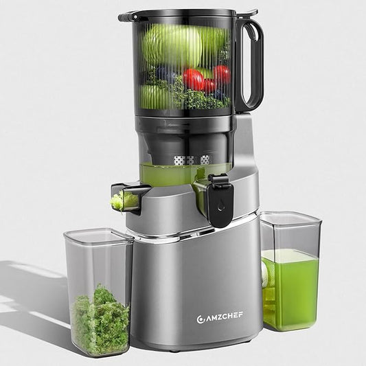 AMZCHEF Juicer Machines, 5.8" Extra Self-Feeding Cold Press Juicer for Whole Vegetable & Fruit, Juice Extractor Machine with Large Auger & Triple Strainers, Easy to Clean, High Juice Yield, Grey