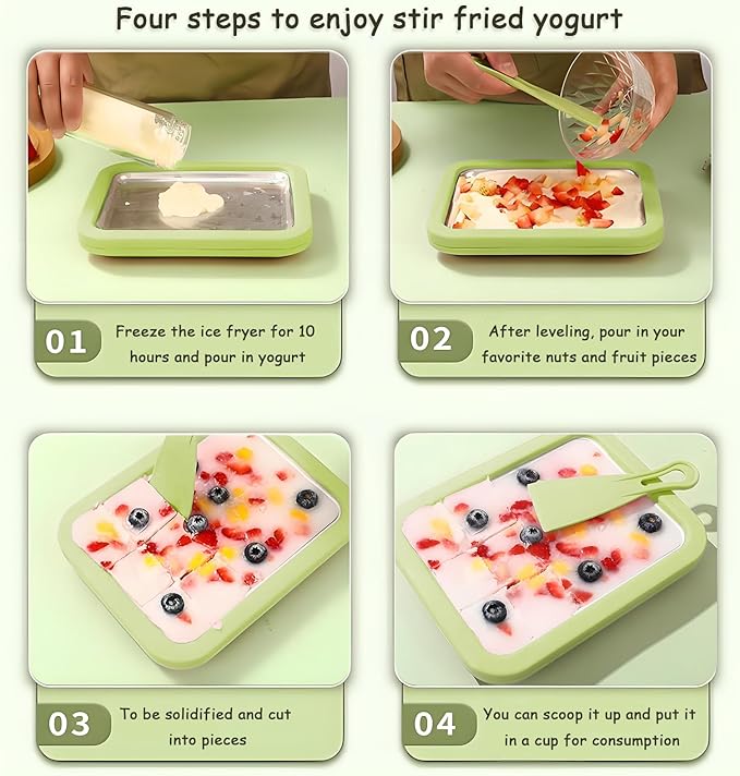 Rolled Ice Cream Maker,Parent Child Homemade Instant Frozen Yogurt Maker,with 2 Spatulas,Plug In Free,Food-Grade 304 Stainless Steel,Safer for Children To Use(Green, (8.9in*6.9in*1.6in))