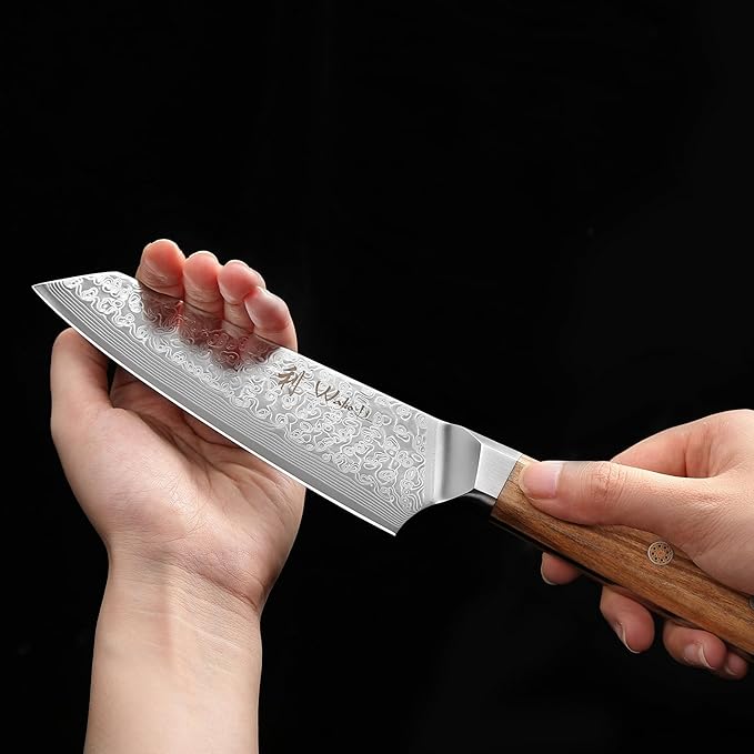 Wakoli Oribu Kiritsuke Small Chef's Knife – Full Tang Kitchen Knife | 6-Inch Blade Made of 67-Layer Damascus Steel with AUS-10 Core | Ergonomic Olive Wood Handle | Professional & Durable