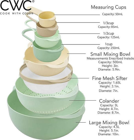 COOK WITH COLOR Nesting Bowls with Measuring Cups Colander and Sifter Set - Includes Mixing Bowls, Colander, Sifter and Measuring Cups, Mint, 8 Pc Bowl
