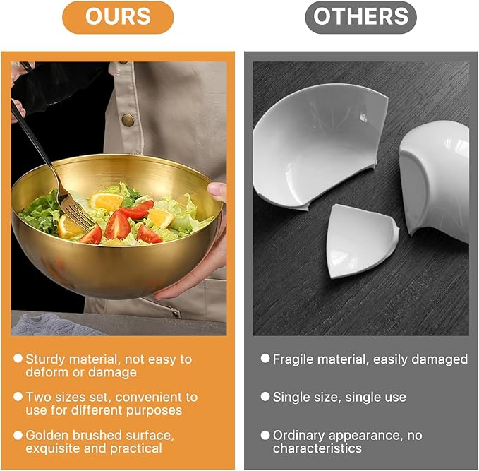 Akamino 2 Pack Stainless Steel Mixing Bowls, 5.9 & 7.9 Inch Gold Metal Salad Bowls, Soup Bowl, Noodle Bowl, Snack Bowl, Serving Bowls for Mixing, Cooking, Baking, Prepping - 700ML& 1200ML