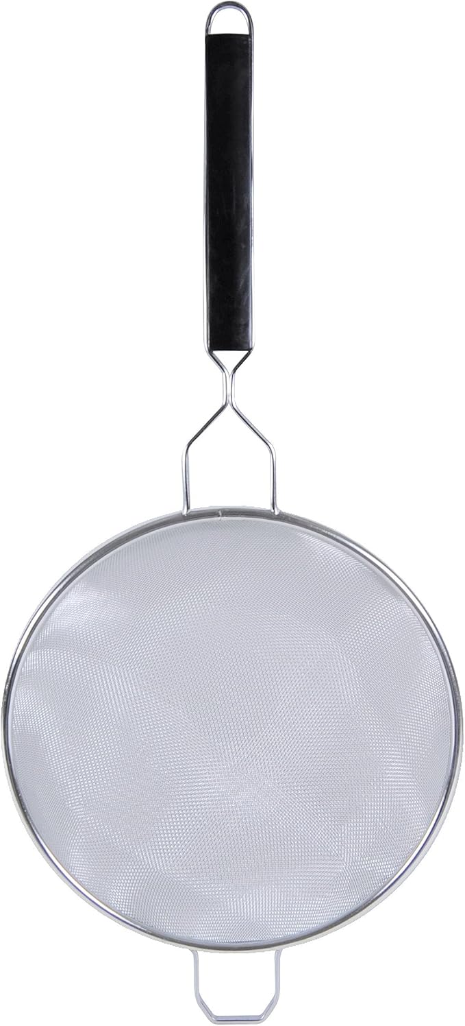 TrueCraftware- 10-Inch Single Fine Mesh Strainer Stainless Steel 10-3/4" Handle Length Black Plastic Handle- Kitchen Food Strainer Skimmer Spoon for Cooking Sieve Sifters Pasta Fruits Vegetable