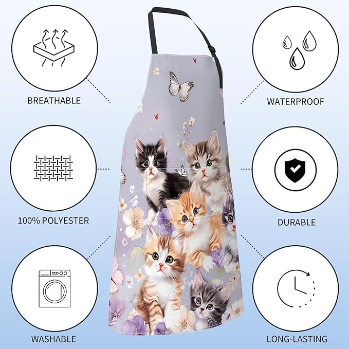 Cute Cat Apron for Women with Butterfly,28x33in,Kitten Animal Kitchen Aprons with 2 Pockets,Oxford Fabric,Playful Adjustable Apron for Cooking Baking Gardening Chef,Gifts for Mom Wife