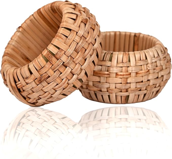 Natural Cane Napkin Rings Set of 8, Handwoven Table Decor, Bohemian Coastal Napkin Holders for Rustic Dining & Tropical Vibes - Sleek for Everyday Use (Brown) - ALPHA Living HOME