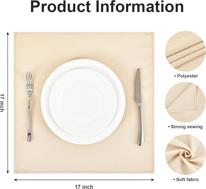 Wolkemer Set of 4 Beige Cloth Napkins 17 x 17 Inches Solid Washable Polyester Dinner Napkins with Hemmed Edges for Dinners Parties Weddings Banquets Events Table Decoration