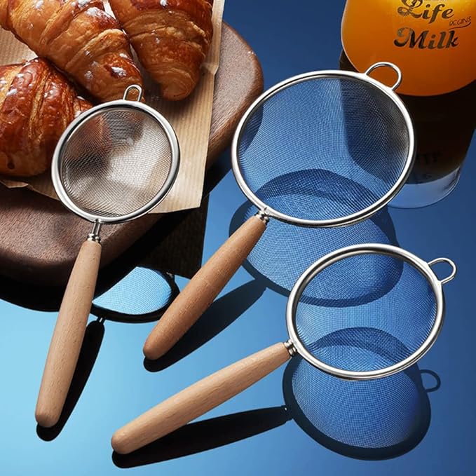Fine Mesh Strainer with Hook, Stainless Steel Mesh Sieve with Handle, Kitchen Metal Food Strainer Sifter for Quinoa, Rice, Pasta, Fruits, Vegetables, Set of 3, 2.8", 3", 4"