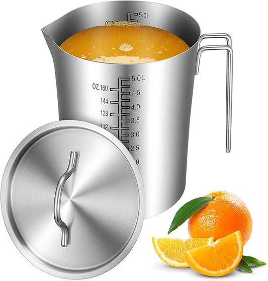 1 Pc 5L Stainless Steel Measuring Pitcher, 169oz Stainless Steel Measuring Cup with Handle, Spout and Lid, Large Capacity Dual Sided Measurement Markings Design for Baking, Brewing Cooking