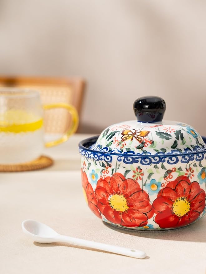 silesia Handmade Sugar Bowl with Lid and Spoon, 10 Ounce Ceramic Hand-Painted Sugar Jar for Kitchen in Gift Box, Kitchen Decor, Oven, Dishwasher & Microwave Safe, Flowers Red