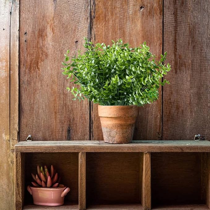 6PCS Artificial Eucalyptus Plants,Fake Boxwood Shrubs UV Resistant No Fade Faux Plastic Greenery for Wedding Bridal Bouquet Indoor Outdoor Home Garden Kitchen Office Table Vase(Green)