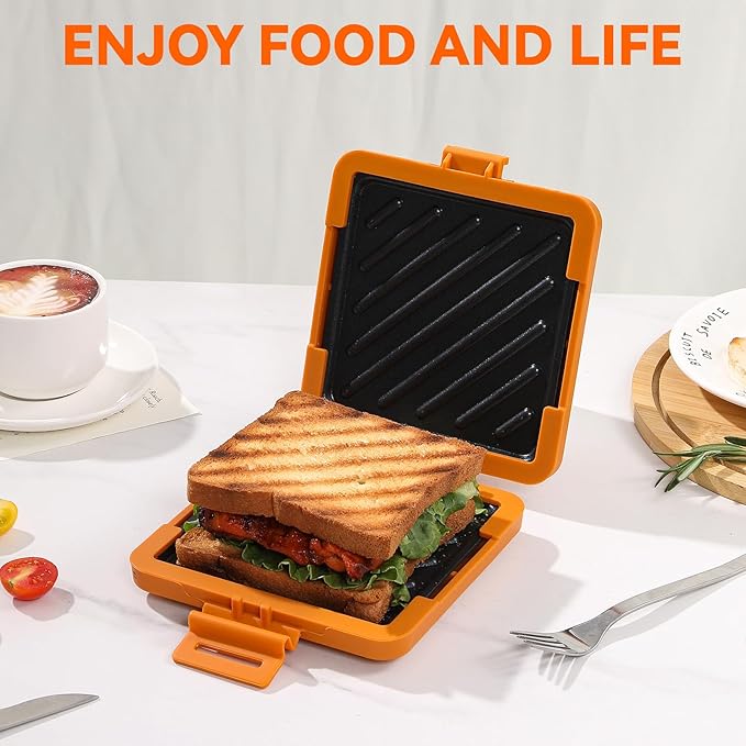 Microwave Toastie Sandwich Maker, Nonstick Plate Panini Maker, Versatile Wireless Small Toaster, Toastie Safe in Microwave Oven, Dishwasher Safe, Fast Cooking for Breakfast, Snacks, Orange