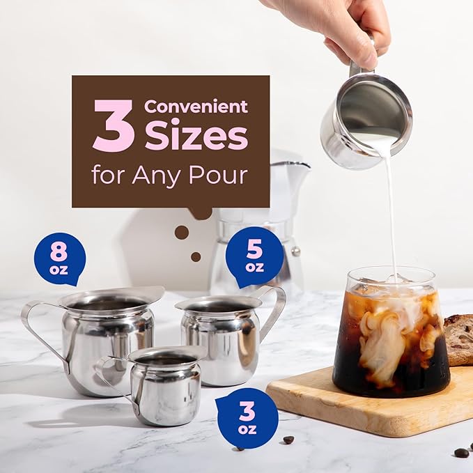 Fit Meal Prep [6 Pack] 3 oz Creamer Pitcher - Stainless Steel Bell Creamers, Mini Cup Container for Serving Milk, Coffee Cream, Salad Dressing, Maple Syrup, Espresso Machine for Restaurant, Cafes