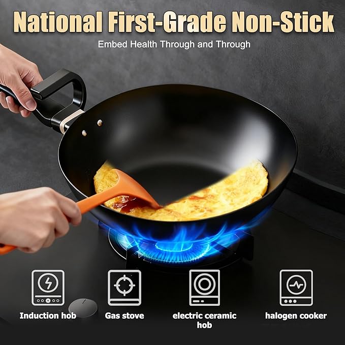 KALAWW Carbon Steel Wok Pan, Non-stick sauté pan,13 Inch Woks & Stir-fry Pans Nonstick with Ergonomic Handle, Cookware, Pots and Pans,Versatile Bottom Chinese Woks for All Stoves