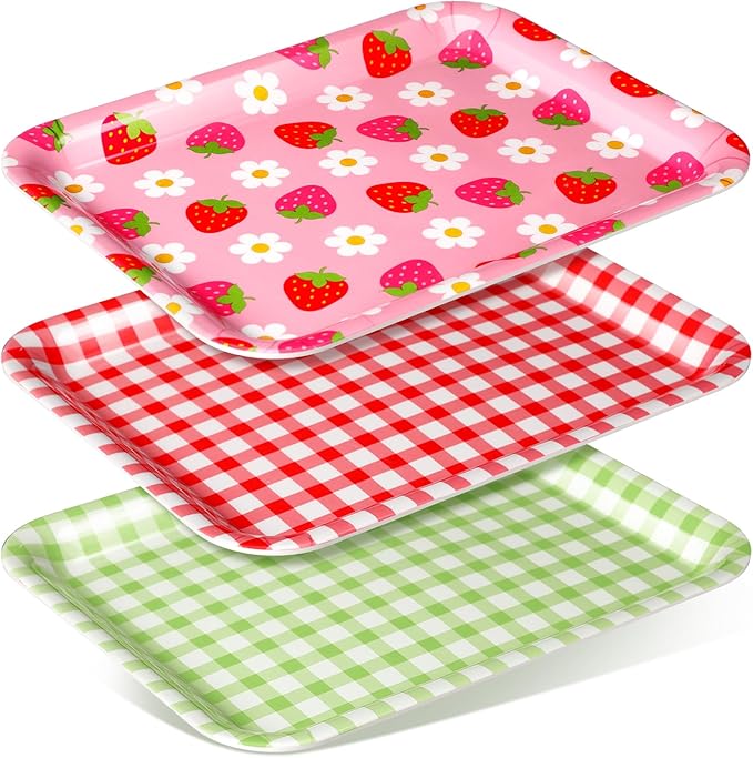 Tioncy 3 Pcs Strawberry Birthday Party Plates Pink Plastic Serving Tray for Summer Berry First Birthday Decoration, 13 x 10 Inch