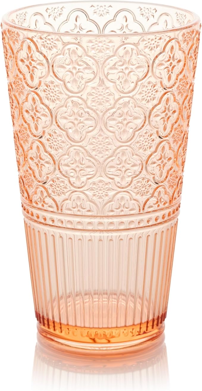 Victoria Blush Set of 6 Premium Acrylic Ice Tea Glass 22 oz – Unbreakable Glassware with Elegant Embossed Design, Dishwasher Safe for Indoor & Outdoor Use