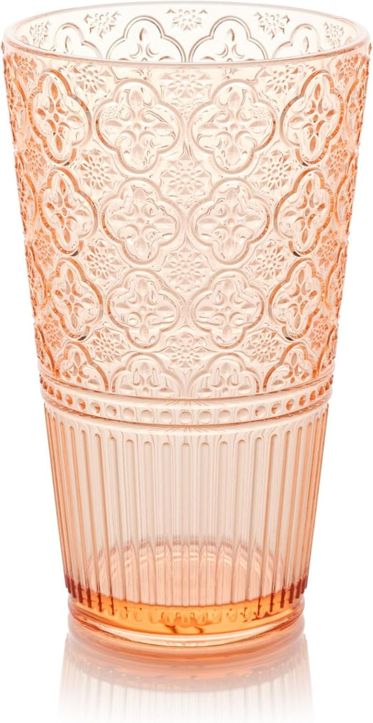 Victoria Blush Set of 6 Premium Acrylic Ice Tea Glass 22 oz – Unbreakable Glassware with Elegant Embossed Design, Dishwasher Safe for Indoor & Outdoor Use