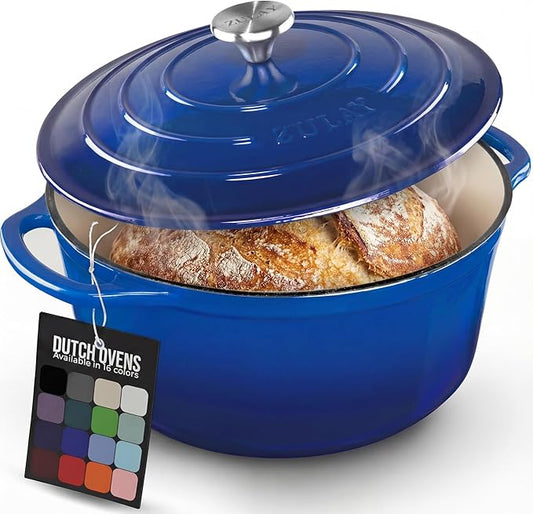 Zulay Kitchen 7.7 Quart Enameled Cast Iron Dutch Oven Pot with Lid – Premium Durability & Oven Safe up to 500°F – Heavy Duty Cookware Perfect for Bread Baking, Stews, Braising & Roasting – Blue