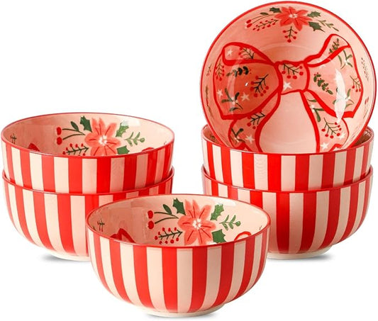 Tikooere Ceramic Soup Bowls Set of 6,30 Ounce Stoneware Cereal Bowl,Porcelain Nesting Bowls for Oatmeal,Popcorn,Soup,Pasta,Fruit,Christmas Gift,Microwave & Dishwasher Safe,Christmas Bow
