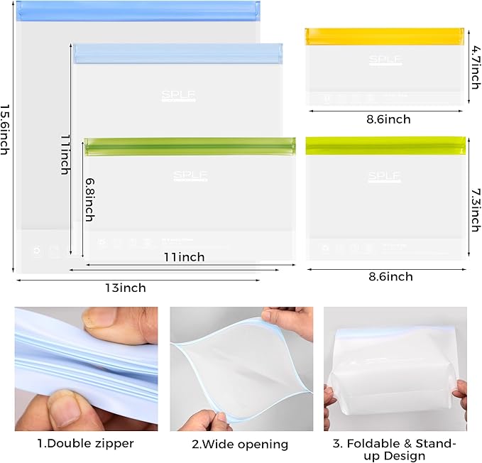 SPLF 6 Pack Stand-Up Reusable 2 Gallon Freezer Bags Dishwasher Safe, Reusable Freezer Bags 2 Gallon, Leakproof BPA Free Food Storage Bags for Marinate Meat, Veggies, Homemade Bread, Snack, Travel Item