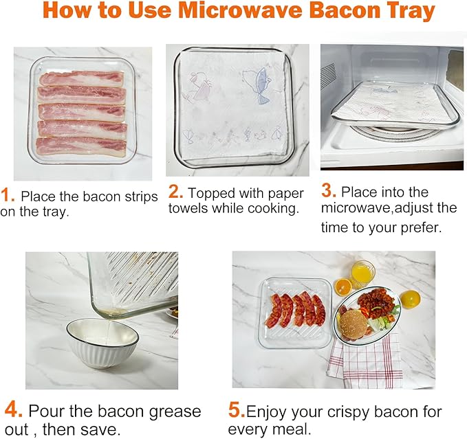 HoPliGhe Microwave Bacon Cooker, Square Glass Microwave Bacon Grill Tray 9.84inch,Cook Crispy Bacon in Minutes