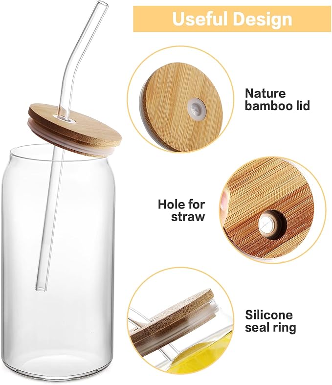 HOMBERKING Glass Cups with Bamboo Lids and Straws 12pcs Set, 20oz Can Shaped Glass Cups, Beer Glasses, Iced Coffee Cup, Cute Tumbler Cup with Cleaning Brushes, Ideal for Cocktail, Whiskey, Tea