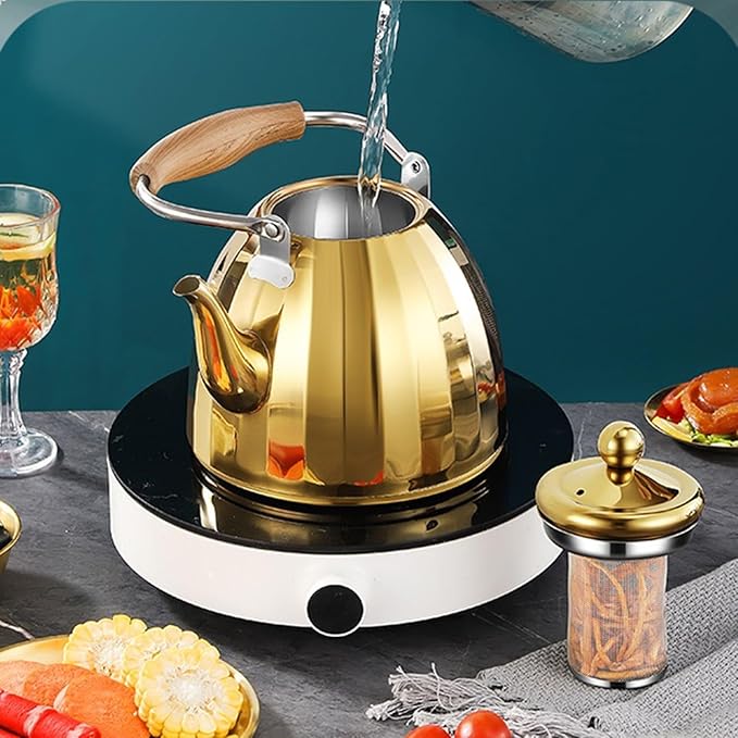 Gold Tea Kettle Stovetop with Infuser, 304 Stainless Steel Teapot for All Stovetops(2L)
