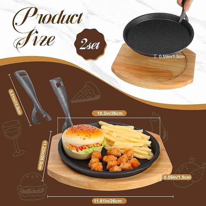 Mimorou 2 Set 10.3 Inch Cast Iron Fajita Plate Set with Wooden Base Anti Scald Protection Removable Handle Fajita Plate Sizzling Pan Cast Iron Skillets Sets for Home Restaurant Kitchen BBQ Cooking