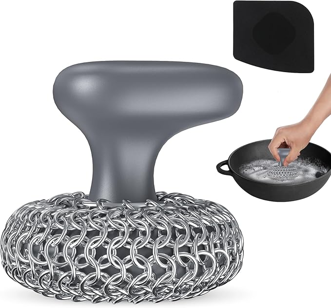 Purgreat Cast Iron Scrubber | Dish Scrub Brush | 316 Cleaner Chainmail Scrubber for Cast Iron Pan Skillet Cleaner - Dish Scouring Pad Dishwasher Safe Cleaning Kit, Grey 02