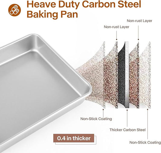 Deep Baking Pans Set of 3, Rectangle Cake Pan Nonstick, Heavy Duty Thick Bakeware Lasagna Pan for Toaster Oven, 9/11/13 Inch Tray for Brownie, Siliver