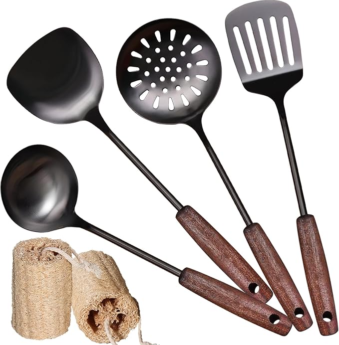 MARTE 15" Wok Spatula Turner and Ladle,Skimmer Spoon Tool Set - 18/10 Stainless Steel Vintage Cooking Utensils Set - Set of 4 High Grade Titanium Plating Kitchen Wok Utensils with Solid Wooden Handle