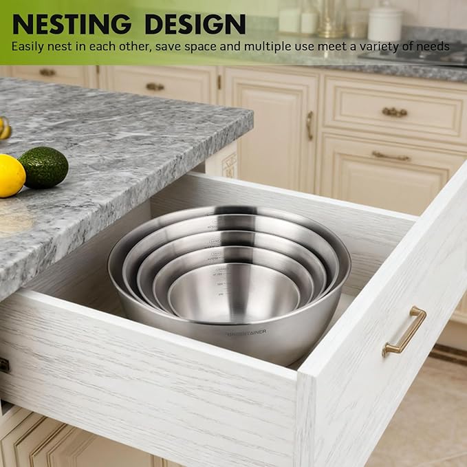 Greentainer 5-Piece Stainless Steel Mixing Bowls Set for Kitchen, Nesting Bowls for Mixing, Baking, Prepping, Cooking and Serving Food, Metal Mixing Bowls Dishwasher Safe