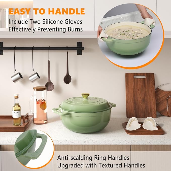 ROVSUN Enameled Cast Iron Round Dutch Oven, 6QT Pot with Lid &Dual Handles with Silicone Gloves,Oven Safe up to 500°F, Heavy-Duty Pre-Seasoned Cookware for Bread Baking, Braising, Stews, Roasting, Sage Green