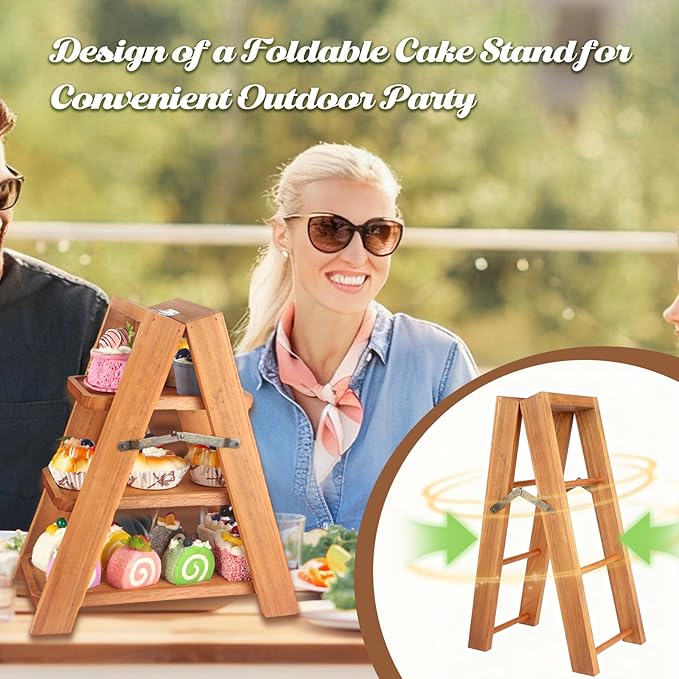 Wooden 3 Tier Cupcake Stand, Rustic Cupcake Display Stand for Dessert Table, Foldable Serving Tray Tower for Party, Wedding, Birthday, Baby Shower, Holiday Events
