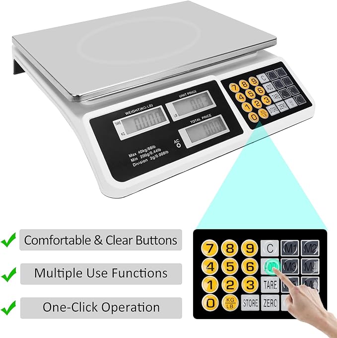 YIFOR Price Computing Scale 88lb/40kg LCD Digital Commercial Price Scale with Stainless Steel Platform,Produce Scale & Food Scale for Farmers Market, Retail Outlets, Meat Shop (Flat Plate)