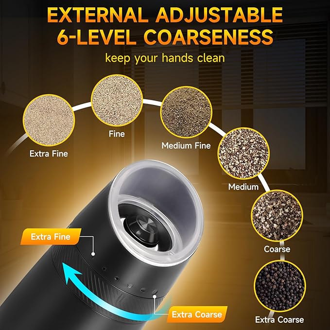 Gravity Electric Salt and Pepper Grinder Set - Automatic Refillable Salt and Pepper Shakers External 6 Levels of Adjustable Coarseness, One-handed Easy Operation,Rechargeable Base LED Light
