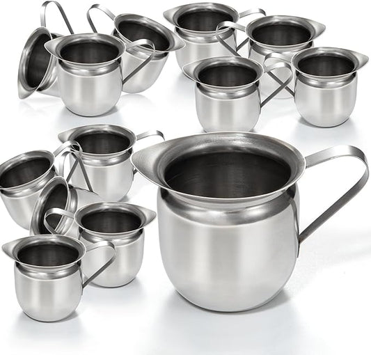 Fit Meal Prep [12 Pack] 8 oz Creamer Pitcher - Stainless Steel Bell Creamers, Mini Cup Container for Serving Milk, Coffee Cream, Salad Dressing, Maple Syrup, Espresso Machine for Restaurant, Cafes
