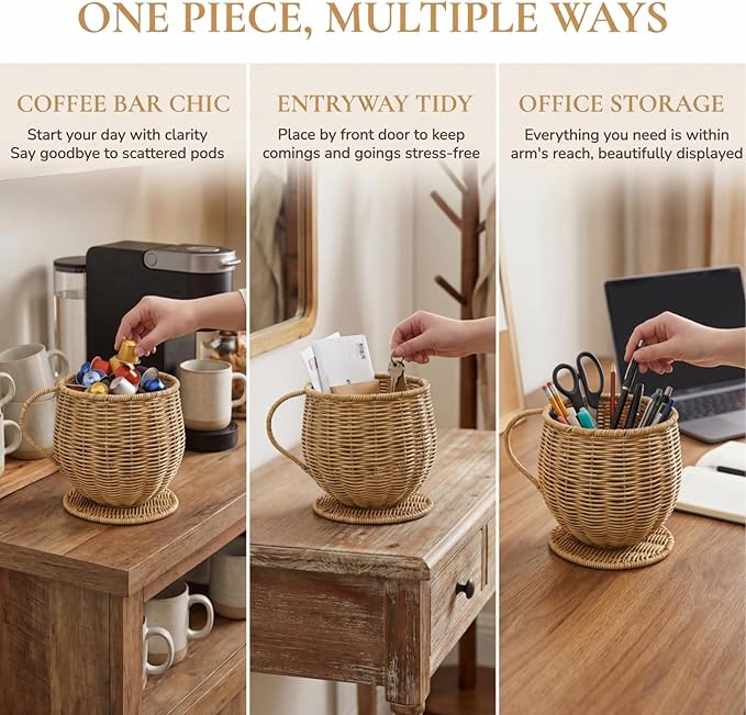 Coffee Pod Basket, Large Capacity Coffee Pod Container with Handle, Handwoven K Cup Holder Capsule Storage for Counter, Home, Office, Coffee Bar