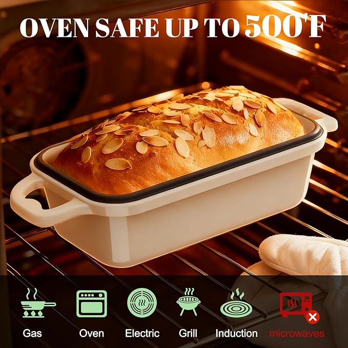 DYCYRQ Enameled Cast Iron Sourdough Bread Dutch Oven, Cast Iron Loaf Bread Pan for Homemade Bread Baking, 2PCS 9 x 5Inch Meatloaf Pan with Lid, Oven Safe, Cream