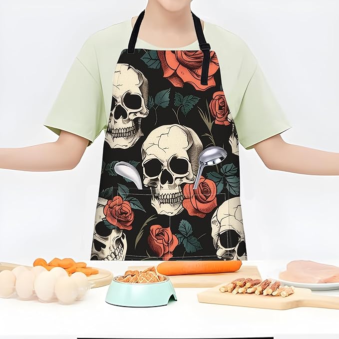 Gothic Skull and Rose Apron,Adjustable Waterproof Oxford Fabric Kitchen Apron with 2 Pockets for Men and Women, Cooking, Baking, BBQ, Coffee Shop, Housewarming Gifts, 28x33 Inches