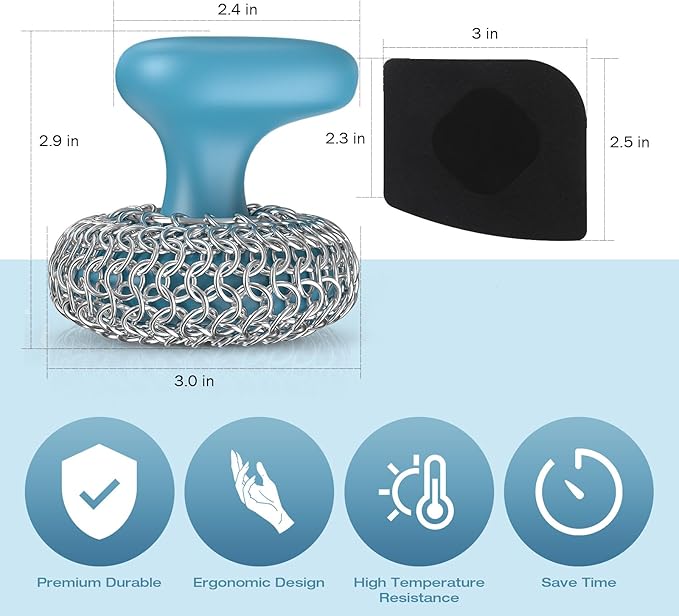 Purgreat Cast Iron Scrubber | Dish Scrub Brush | 316 Cast Iron Cleaner Chainmail Scrubber for Pan Skillet Cleaner - Blue