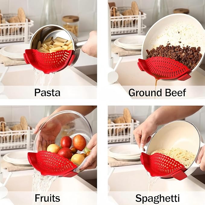 2 PACK Silicone Clip-on Strainer - Fits Pots, Pans & Pasta, Hands-Free Food Strainer for Ground Beef, Spaghetti, Pasta, Compatible with All Bowls and Pots