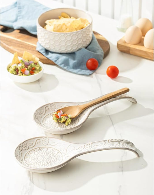 Ceramic Spoon Rest, 9 Inches Large Spoon Holder for Kitchen Counter, Set of 2, Kitchen Accessories, Dishwasher Safe, White