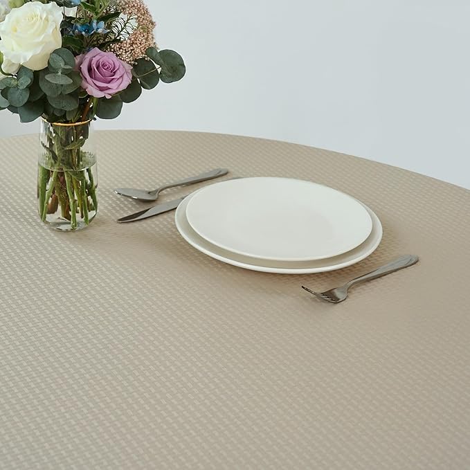 maxmill Round Weaved Texture Design Tablecloth Spill-Proof Wrinkle Free Soft Washable Table Cloth for Circular Table Cover, for Dining Room Buffet Banquet Parties Holiday Dinner, 90 Inch Natural