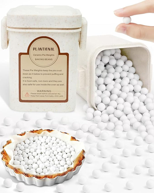 PLANTIONAL Ceramic Pie Weights, 1.5 Lb Reusable 10mm Baking Beads with Wheat Straw Container, Natural Ceramic Stoneware Baking Beans for Pie Crust Pastry (Beige)