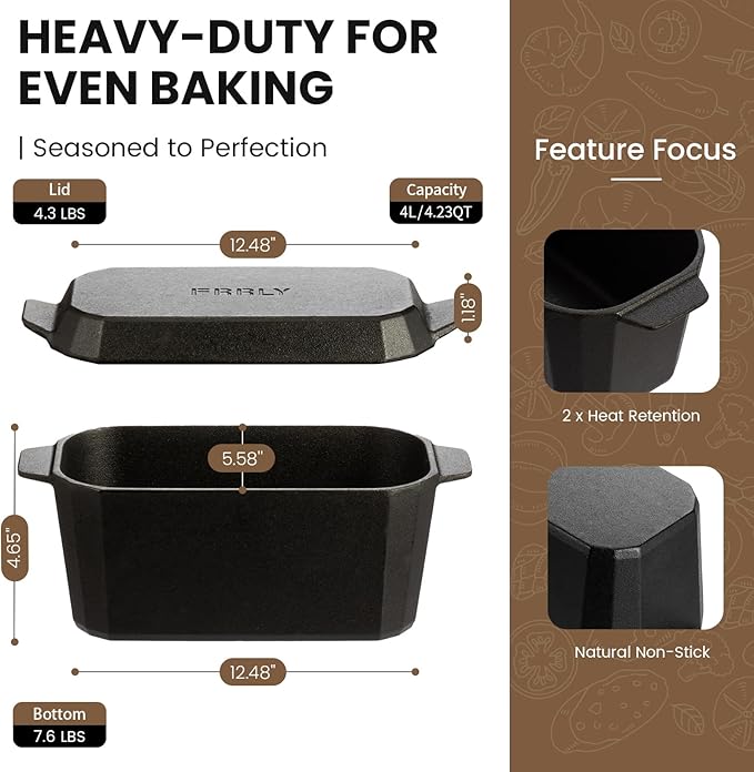 FRRLY Cast Iron Bread Loaf Pan with Lid,Bread Baking Pan,Cast Iron Dutch Oven for Sourdough,10 x 5 Inch Pre-seasoned Even Heat Distribution Baking Pan for Homemade Bread