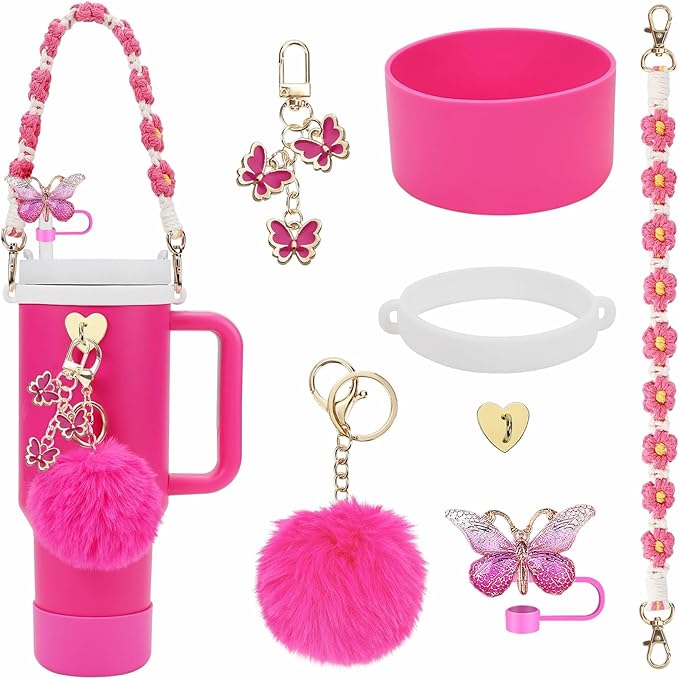 Accessories Set Including Water Bottle Handle Strap, Silicone Boot, Resin Butterfly Straw Cover, Straw Topper, Lip Balm Sleeve, Butterfly & Hairball Charms for Stanley Cup Tumbler